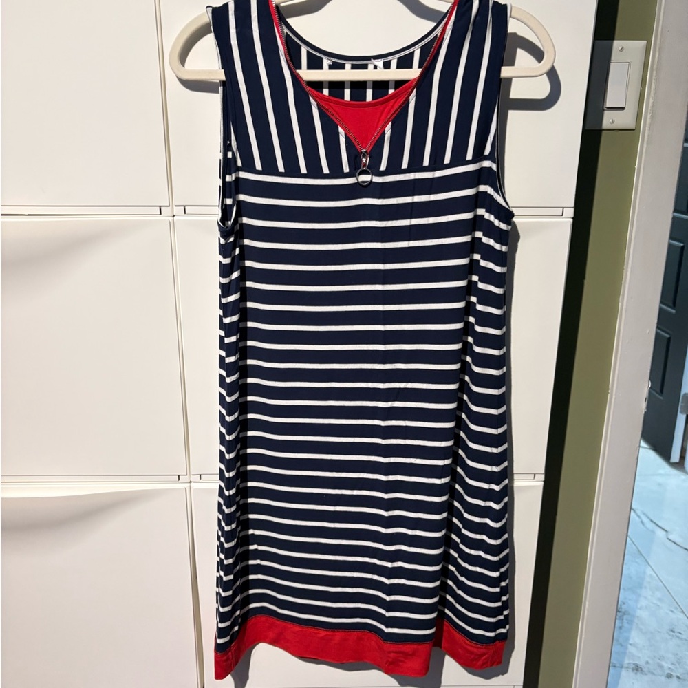 Navy and White Striped Sleeveless Dress with Red Accents